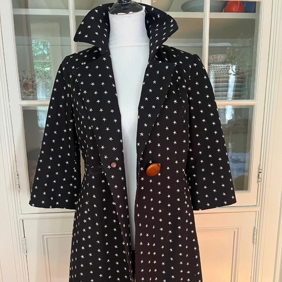 Anya Ponorovskaya Black Fitted Cotton Coat, Size 10, Embroidered Stars, Lined - Picture 2 of 8